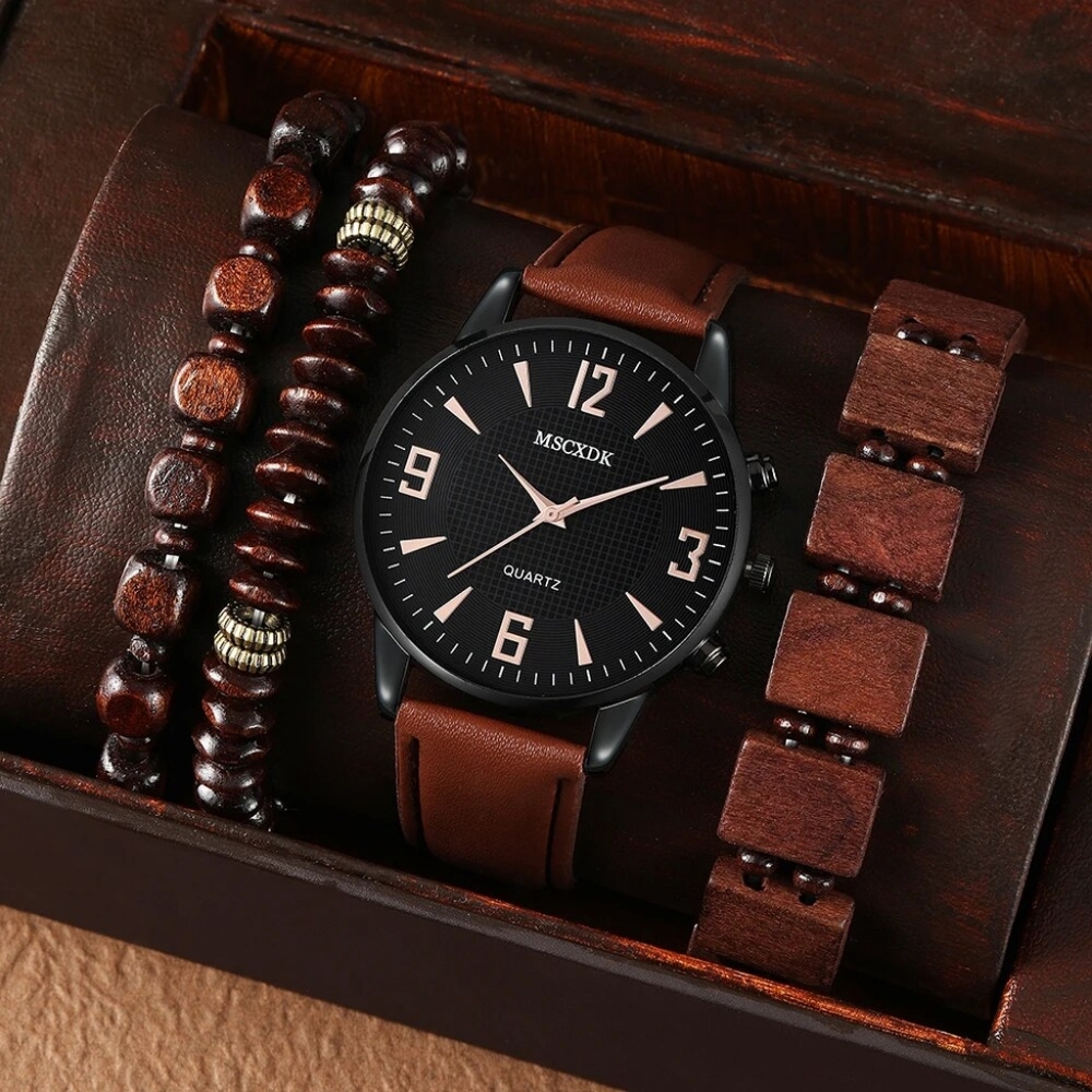 5 pcs brown bracelets and watch set for men
